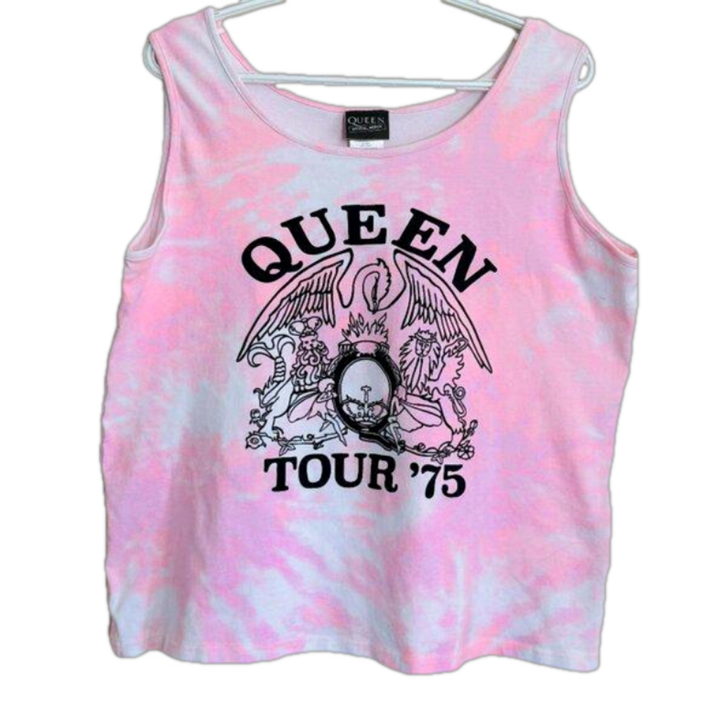 Queen Official Tour 75 Crest Logo Tank Top Women's XL Band Rock Y2K Pink Tie Dye